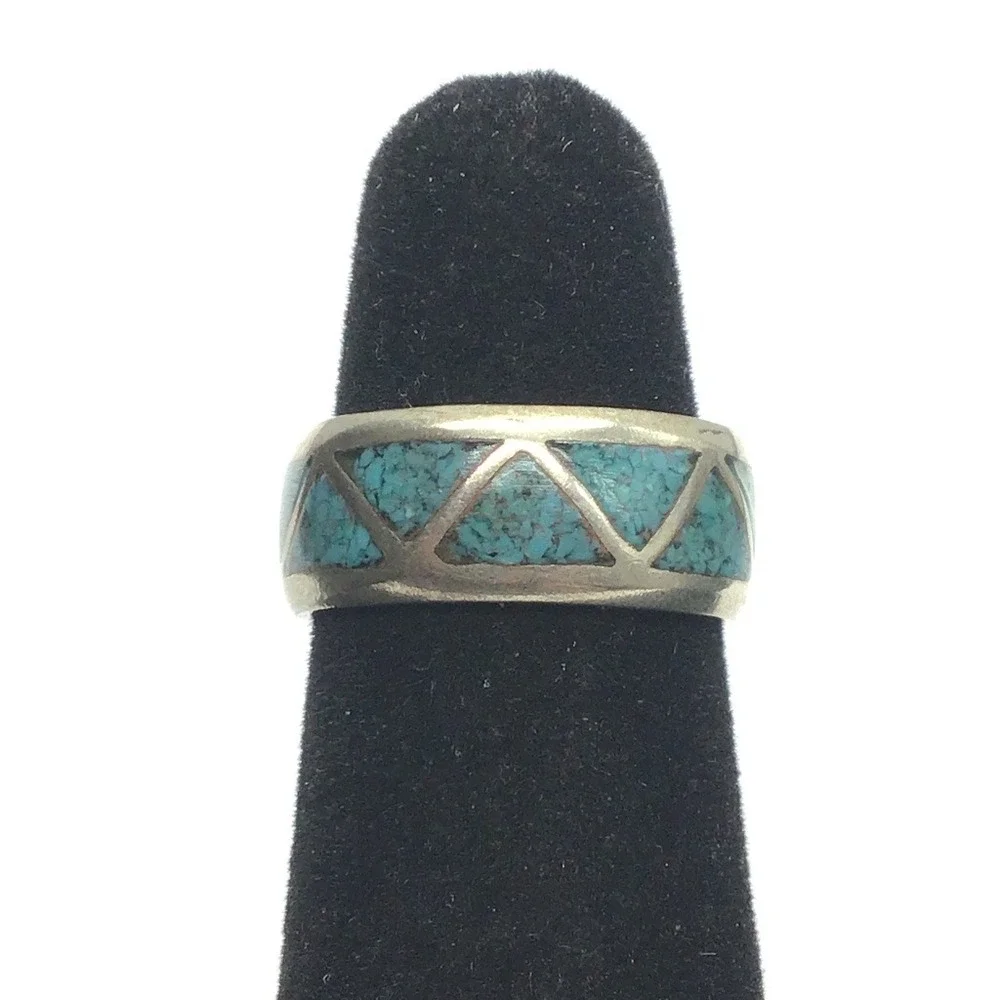 Artisan Handmade Sterling Silver Crushed Turquoise Inlay Ring Size 6.5